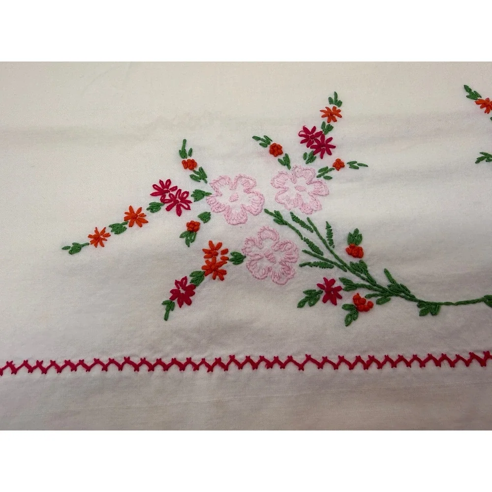 Vintage Penneys Nation-Wide Embroidered Floral Pillowcase White Pink Red Orange